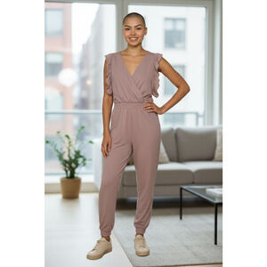 ELINGS Jumpsuit Womens Small Mauve Pink Surplice Ruffle V Neck Jogger Elastic